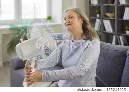 Senior woman cooling herself with electric fan at home, heat relief concept Senior woman cooling herself with electric fan at home, heat relief concept 135213925