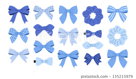 Blue hair accessories set: bows, barrettes, and ties. Fashionable hairpins vector collection Blue hair accessories set: bows, barrettes, and ties. Fashionable hairpins vector collection 135213979