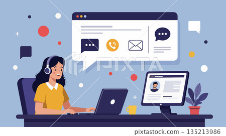 Customer support woman operator laptop computer Customer support woman operator laptop computer 135213986