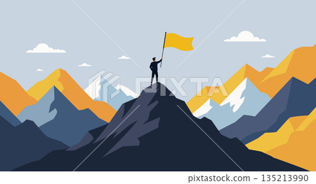 Businessman standing on mountain peak flag 135213990