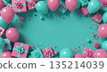 Festive birthday frame with pink and turquoise balloons and gift boxes on teal background with central copy space 135214039