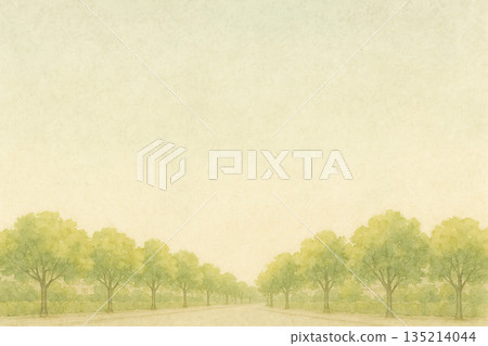 城市景觀系列：日式水彩背景，描繪了一條綠樹成蔭的街道 135214044