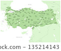 A map of the Republic of Turkey with administrative divisions in shades of green (with names of neighboring countries, written in English and Turkish) 135214143