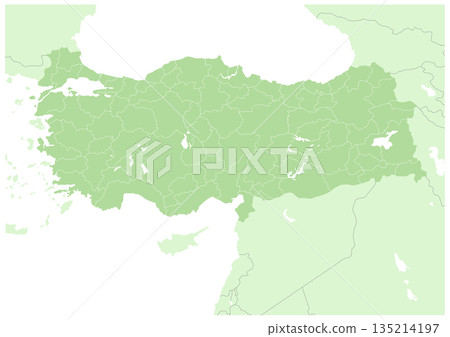 A map of the Republic of Turkey with administrative divisions in shades of green (with maps of neighboring countries). A map of the Republic of Turkey with administrative divisions in shades of green (with maps of neighboring countries). 135214197