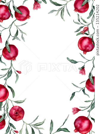 Pomegranates and pink flowers are a rectangular frame. A drawn manual watercolor illustration of the border with tropical fruits branches on a white isolated. Drawing with tropical fruits branches. Pomegranates and pink flowers are a rectangular frame. A drawn manual watercolor illustration of the border with tropical fruits branches on a white isolated. Drawing with tropical fruits branches. 135214202
