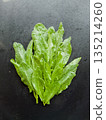 Fresh green spinach sorrel leaves on wooden table , top view bunch of greens with water drops. 135214260