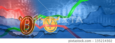 crypto currency exchange rate background. bullish position of british pound to bitcoin price. money represented as golden coins. 3D illustration of forex trading. cryptocurrency stock market chart 135214302