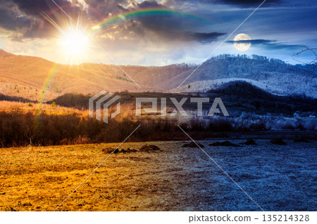 day and night time change concept. beautiful view of countryside scenery with field in march with sun and moon at twilight. equality and shift template day and night time change concept. beautiful view of countryside scenery with field in march with sun and moon at twilight. equality and shift template 135214328