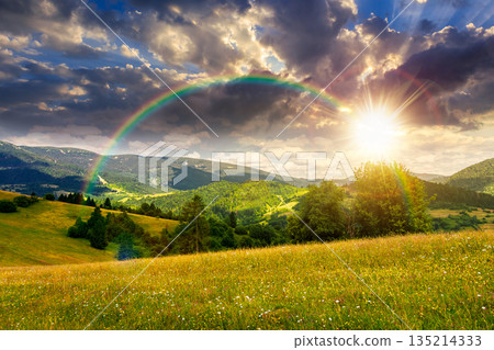 beautiful mountain landscape in summer at sunset. grassy meadow with wild herbs on rolling hills in evening light. ridge in distance. amazing weather. storytelling cinematic image under the rainbow beautiful mountain landscape in summer at sunset. grassy meadow with wild herbs on rolling hills in evening light. ridge in distance. amazing weather. storytelling cinematic image under the rainbow 135214333