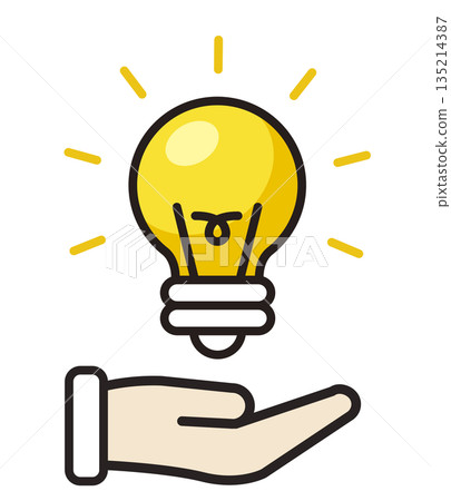 手中的燈。燈泡圖示。想法、靈感、發現、啟發。 135214387