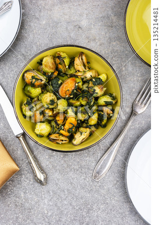Healthy Brussels Sprouts and Mussels Dish Healthy Brussels Sprouts and Mussels Dish 135214481