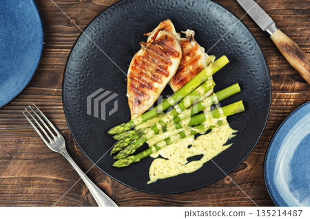 Asparagus with Meat on a Plate Asparagus with Meat on a Plate 135214487