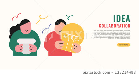 Flat modern illustration of people collaborating and sharing ideas with a light bulb, representing teamwork, creativity, innovation, brainstorming, and business collaboration concept. 135214498