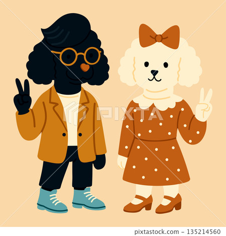 Pet shop advertisement. Black poodle and white lapdog both dressed in fashionable clothes, showing sign of Victory with their paws. Vector illustration Pet shop advertisement. Black poodle and white lapdog both dressed in fashionable clothes, showing sign of Victory with their paws. Vector illustration 135214560