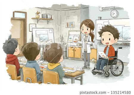 Illustration of a wheelchair user and trainees receiving an explanation during nursing care training 135214580