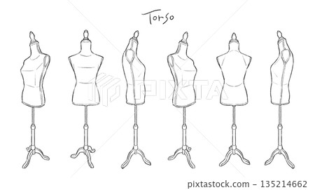 Hand-drawn illustration set of mannequins for dressmaking and apparel. Multiple angles of mannequin line drawings/whitewashed. Hand-drawn illustration set of mannequins for dressmaking and apparel. Multiple angles of mannequin line drawings/whitewashed. 135214662