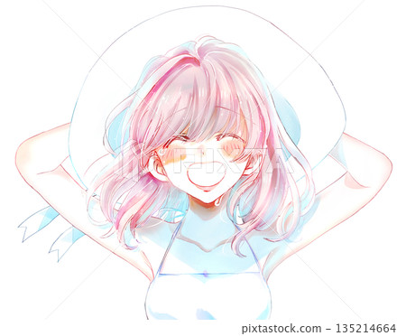 Summer woman crying with a smile holding her hat Summer woman crying with a smile holding her hat 135214664