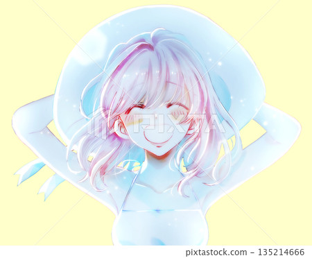 Smiling summer woman holding her hat, backlit Smiling summer woman holding her hat, backlit 135214666