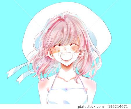 Smiling summer woman with hat Smiling summer woman with hat 135214671