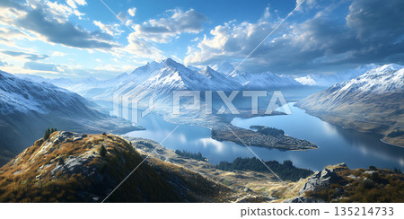 Stunning Mountain Lake Landscape Panoramic View of Alpine Scenery 135214733