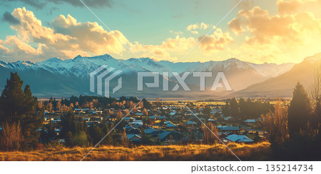 Scenic Mountain Village Sunset Panoramic Landscape Photography Scenic Mountain Village Sunset Panoramic Landscape Photography 135214734