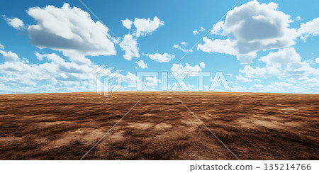 Vast Landscape Sunlit Field Under a Blue Sky with Puffy Clouds 135214766