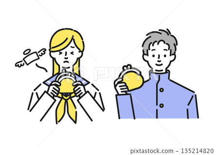 Men and women wearing sailor suits and school uniforms holding wallets 135214820