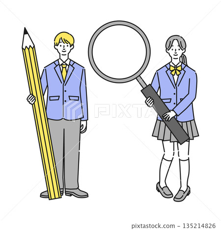 Illustration of students holding large pencils and magnifying glasses Illustration of students holding large pencils and magnifying glasses 135214826