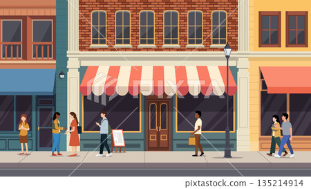 Urban City Street with Vintage Storefronts and Diverse People.Flat Design Streetscape with Shops and Pedestrians.Small Business Shop Facades with People Walking on a City Sidewalk Urban City Street with Vintage Storefronts and Diverse People.Flat Design Streetscape with Shops and Pedestrians.Small Business Shop Facades with People Walking on a City Sidewalk 135214914