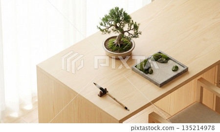 一張極簡主義的日式禪意書桌,配有盆景和枯山水花園 一張極簡主義的日式禪意書桌,配有盆景和枯山水花園 135214978