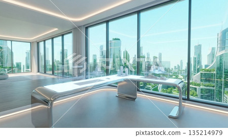 一張明亮、精緻、簡約的辦公桌，可以欣賞未來都市的景色。 135214979
