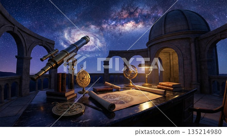 戶外天文台上，觀星者的桌子，銀河閃耀。 135214980