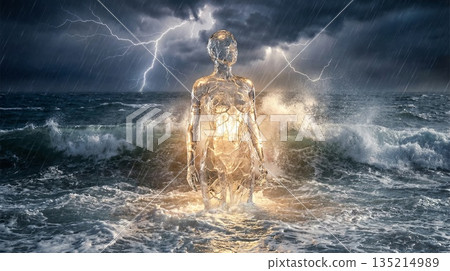 在波濤洶湧的大海和雷鳴聲中,矗立著玻璃雕像 在波濤洶湧的大海和雷鳴聲中,矗立著玻璃雕像 135214989