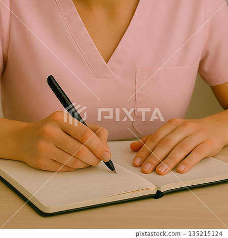 一位從事護理工作的女性在筆記本上做筆記。 135215124