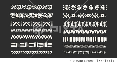 Set african tribal ethnic border, divider doodle hand drawn crayon from geometrical shapes isolated dark background. Boho motif scandinavian srtoke, traditional native decor. 135215314