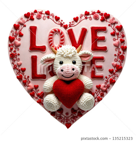 This item depicts a knitted toy in the shape of a cow sitting on a pink background in the shape of a heart with red letters 135215323
