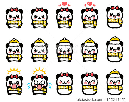 Set 4 of doodle illustrations of pandas in winter clothes Set 4 of doodle illustrations of pandas in winter clothes 135215451