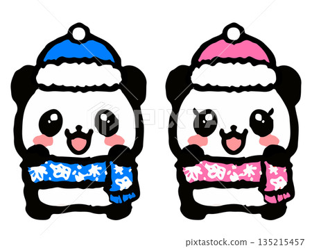 戴著冬日圍巾的熊貓夫妻塗鴉插圖 2 135215457