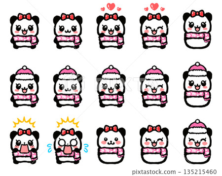 Set 3 of doodle illustrations of pandas in winter clothes Set 3 of doodle illustrations of pandas in winter clothes 135215460