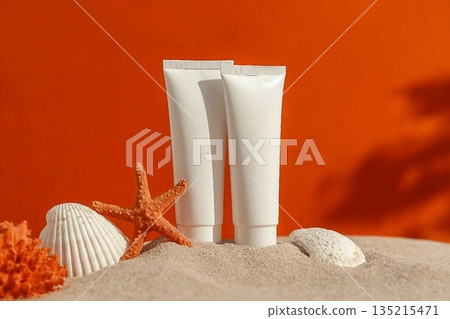 Two white cosmetic tubes are arranged creatively with seashells, coral, and starfish on sand against an orange backdrop, evoking a beachy vibe. 135215471