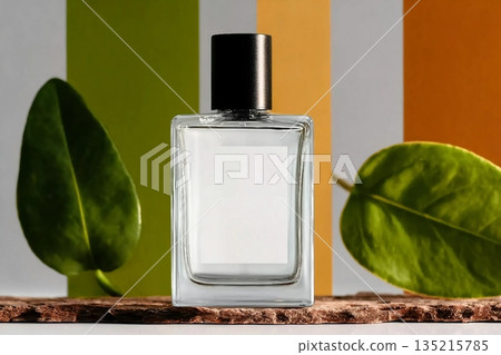 Brands perfume cosmetic bottles mockup presentation with colorful backgrounds and props. Brands perfume cosmetic bottles mockup presentation with colorful backgrounds and props. 135215785