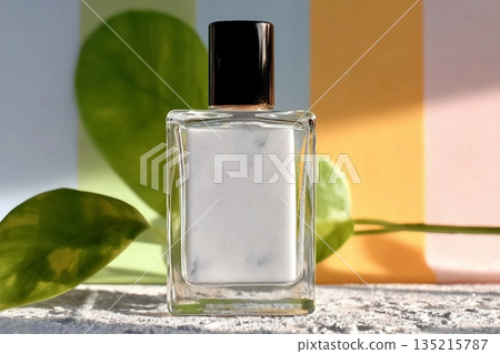 Brands perfume cosmetic bottles mockup presentation with colorful backgrounds and props. 135215787
