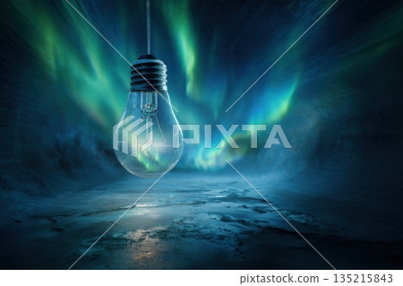 Hanging lightbulb illuminated by glowing Aurora Borealis over the reflective ground in a blue environment Hanging lightbulb illuminated by glowing Aurora Borealis over the reflective ground in a blue environment 135215843