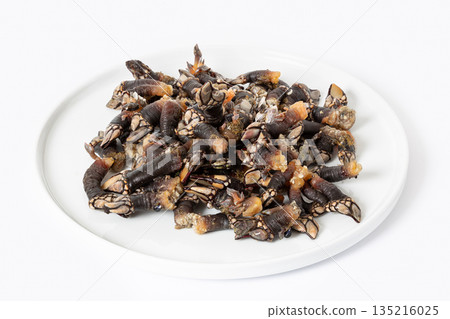 Pile of fresh raw goose barnacles of Galicia, Spain on plate isolated on white background 135216025