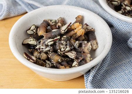 Cooked goose barnacles of Galicia, Spain in bowl still life 135216026