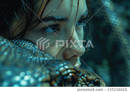 Adam and Eve with the serpent tempter in the garden of paradise with apples with a lake. Christian religious legendary story. Adam and Eve with the serpent tempter in the garden of paradise with apples with a lake. Christian religious legendary story. 135216028