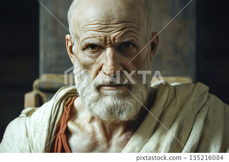 Ancient Greek healer Hippocrates portrayed with wisdom and authority in a classical setting 135216084