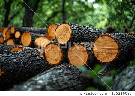 Chopped firewood sourced from fruit trees ready for use in a cozy outdoor setting 135216085