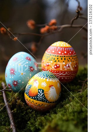 Colorful Easter chicken eggs resting on mossy ground during the springtime holiday celebration 135216102