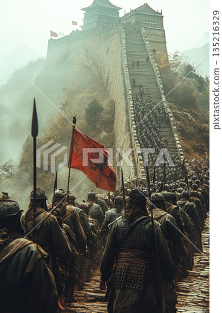 Chinese soldiers defending the Great Wall from Mongol forces during summer daylight Chinese soldiers defending the Great Wall from Mongol forces during summer daylight 135216329